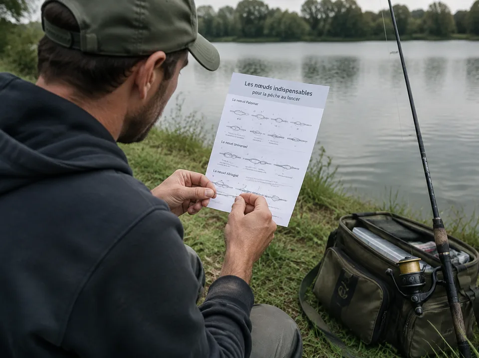 Un pêcheur consulte la fiche imprimée assis sur la rive du lac
