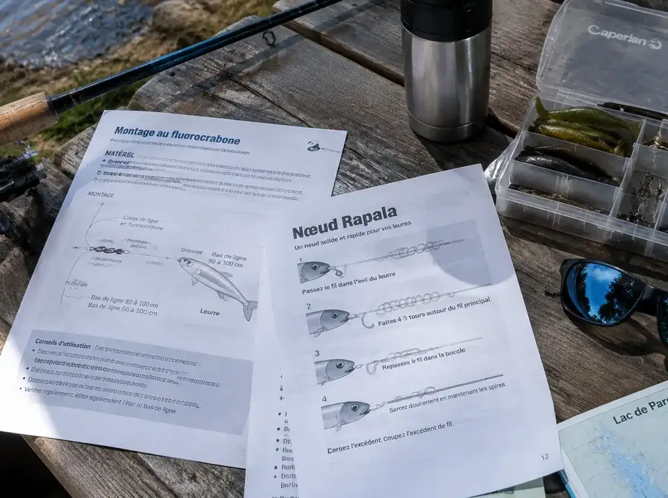 Fiches de montages de pêche imprimées sur une table de pique-nique au bord du lac