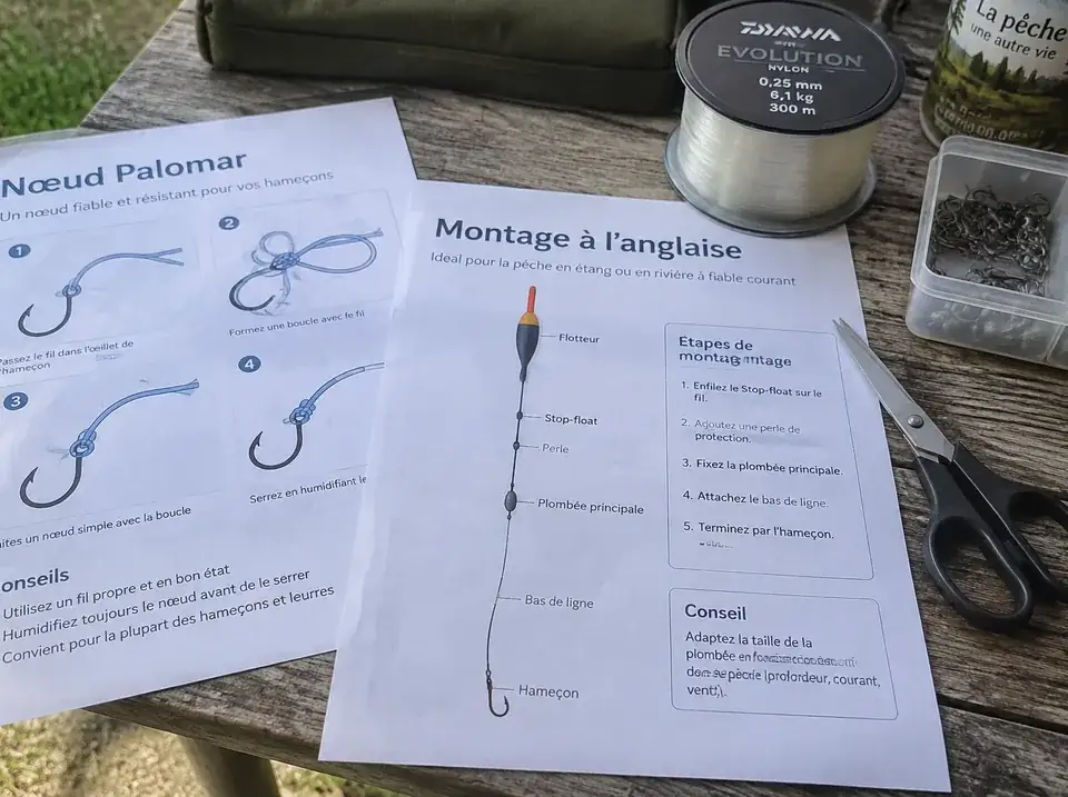 Fiches du guide de pêche imprimées en format A4 sur une table en bois