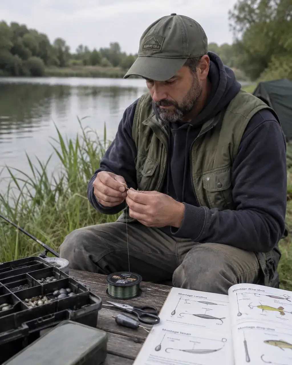 Un pêcheur français prépare son appât et son montage au bord d’un lac, avec les fiches du guide