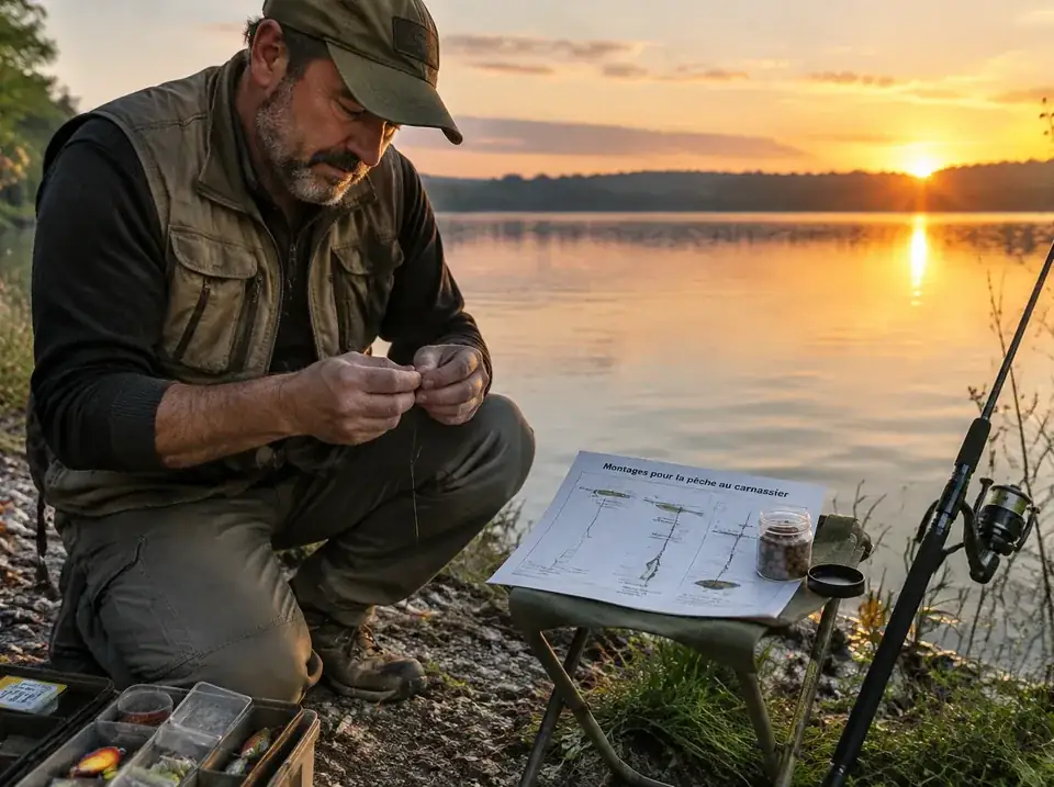 Un pêcheur français prépare son hameçon au bord d'un lac avec la fiche du guide